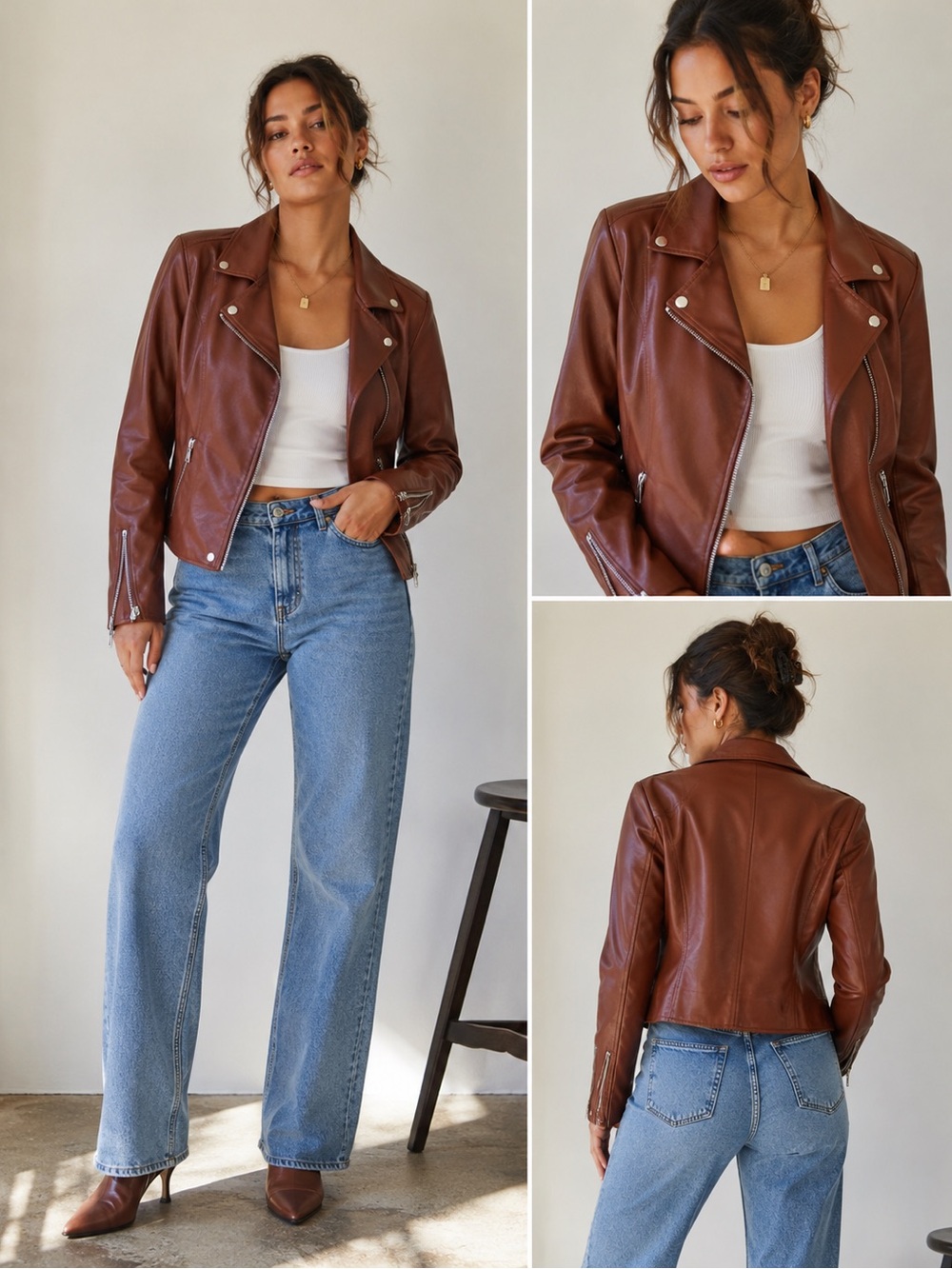 By Anthropologie Rich Cognac Brown Faux Leather Moto Jacket - Plus Size 2X